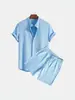 Amazon Transfronteiriço Tamanho UE Veludo Cotelê Listra Fina Masculino Gola Alta Manga Curta Camisa + Shorts Casuais Conjunto de Duas Peças