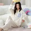 Pijama de Algodón Puro Estilo Dulce para Mujer, Cárdigan de Manga Larga, Solapa, Estampado de Dibujos Animados, Conjunto para Casa, Nueva Llegada de Otoño