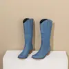 Zapatos de tacón medio para mujer Zapatos de tela Fideos de tela Comercio exterior Botas de cowboy con remaches de manga Europeas y americanas Botas de cuero Punta fina Botas de moda para mujer Negro