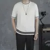 ¡Wow, camiseta de punto base de moda juvenil de manga corta estilo coreano para hombre, a rayas, cuello redondo, hecha a medida para el verano, camiseta casual