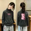 Blusa Base de Pelúcia para Meninas Outono Inverno Nova Roupa Íntima Gola Meio Alta Manga Longa Escovada Listrada Infantil Roupa Íntima Quente