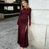Moda Femenina 2026 Otoño Nuevo Estilo Europeo y Americano Transfronterizo Vestido de Color Sólido con Cuello Redondo, Manga Larga, Plisado y Abertura