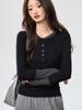 260g Ecocos Elegante Nuevo Contraste Falso Dos Piezas Cuello Redondo Botones Camisa de Manga Larga Camiseta Top de Otoño para Mujer