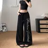 Pantalones deportivos casuales de pierna recta con estampado de letras estilo americano, nuevos pantalones para mujer con cordón, pantalones de pierna ancha, corte holgado, versátiles y que estilizan, pantalones largos