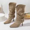 Botas de Terciopelo Apiladas Transfronterizas para Mujer Tacón Fino Tacón Alto Botas de Media Caña Otoño Invierno Nuevas Talla Grande Punta Puntiaguda Hebilla Botas de Moda