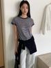 Camiseta de Punto Casual Rayada de Colores Combinados Tg para Mujer Otoño 2025 Nuevo Suéter Delgado de Manga Corta 25719