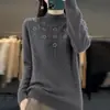 Suéter de punto para mujer para otoño e invierno, con delicados adornos de pedrería, corte holgado, efecto adelgazante, cuello semi-alto, mangas largas y diseño versátil, perfecto como capa base cálida