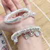 Pulseira de Cobre Branco Banhada a Prata com Frases Auspiciosas, Pata de Gato da Sorte, Sino do Palácio e Pingente, Pulseira Sólida para Boa Sorte