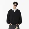 Sudadera negra de imitación de dos piezas con cuello de camisa para hombre, nuevo estilo primavera y otoño, chaqueta tipo polo de manga larga estilo universitario