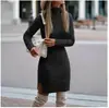 Suéter de punto de cuello alto ajustado de manga larga estilo europeo y americano para otoño e invierno, Vestido suéter de punto trenzado de color liso con dobladillo dividido de longitud media para mujer