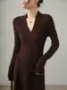 Suéter de Lana Tejido Delgado con Cuello en V y Diseño de Onda de Agua para Mujer Otoño Manga Larga Prenda Base Interior y Exterior Color Albaricoque