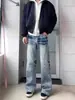 Jeans Acampanados Vintage Azules de Corte Diagonal para Hombre, Estilo High Street Americano para Primavera y Otoño, Pantalones Casuales Ajustados de Pierna Recta