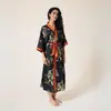Roupão Feminino Estampado Plus Size de Verão, Roupão de Banho de Cetim Imitação de Seda de Luxo, Roupa de Casa Feminina