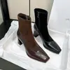 Botas Quadradas de Retalhos Elásticas Slim para Mulheres em Estoque, Botas de Cano Curto com Salto Bloco para Outono e Inverno com Zíper Lateral, Estilosas e Elegantes para Moda de Trabalho