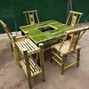 Mesa para Preparar Té, Silla de Bambú, Silla con Respaldo, Estilo Retro Antiguo de Patio, Muebles de Bambú Hechos a Mano, Juego de Mesa y Taburetes de Bambú