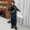 Calças de Inverno Infantis 2024 Nova Moda Calças Jeans Estilosas Boca de Sino Dobradas Estilo Coreano para Menina Estampa de Leopardo