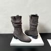 Botas Curtas de Cavaleiro Suede Melado Aumentadoras de Altura 8cm para Mulheres 2025 Outono Inicial Novo Estilo Coreano Dobradas com Salto Grosso Botas Western