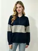 Atacado transfronteiriço direto da fábrica: Suéter feminino de outono e inverno com gola polo e zíper parcial, listras largas contrastantes, top de malha