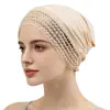 Nueva gorra base elástica de algodón y seda de color puro con pañuelo para la cabeza de encaje de cristal incrustado
