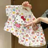 Estilo Verão 2026 Desenho Animado Estiloso Menina Bebê Fofa Estampa Completa Floral Manga Curta Camiseta e Calça Conjunto de Duas Peças
