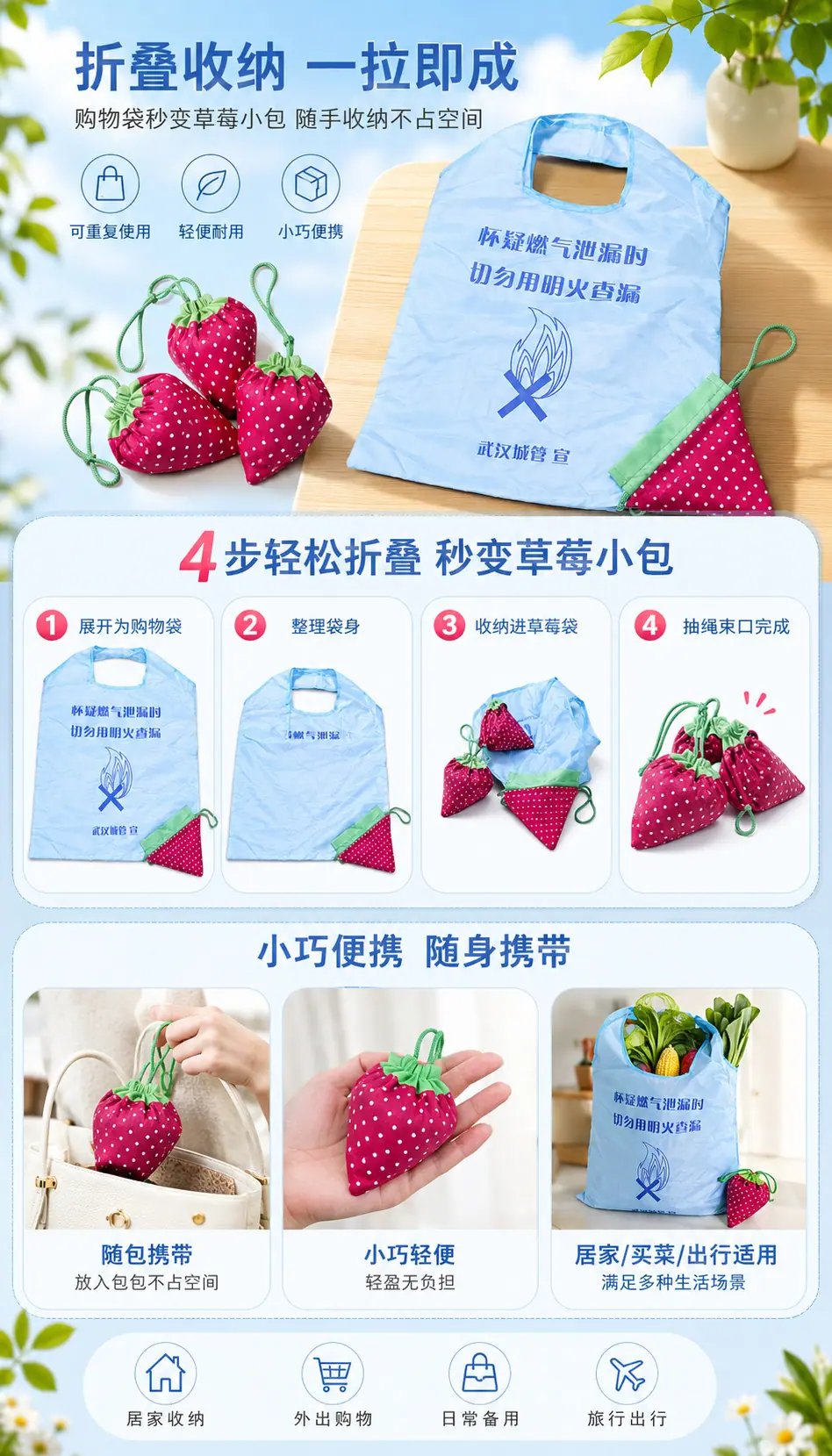 厂家定制批发草莓折叠购物袋 涤纶折叠环 保袋190T草莓袋