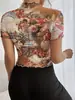Verano Transfronterizo Nuevo Estilo Manga Corta Floral Sexy Chica Caliente Blusa de Gasa Top Estampado Camiseta para Mujer Europea y Americana Ropa para Mujer de Comercio Exterior