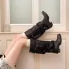 Botas negras sexys de punta para talla grande, botas de montar de nuevo estilo para mujer, pantalones de bota con tacón grueso y remaches que moldean la pierna