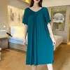 Vestido de Verano de Algodón Modal con Mangas Cortas y Dobladillo Fruncido para Mujer, Delgado de Talle Alto Adelgazante Talla Grande Cuello en V Profundo Plisado Largo