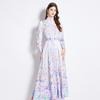 Vestido longo com gola alta estilo pintura a óleo de flores para férias de primavera e verão 2025