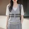 Camiseta Falsa de Dos Piezas de Manga Corta para Mujer, Holgada Casual, Lino de Bambú, Fresca, Transpirable, Delgada, Bloque de Color, Camiseta de Manga Corta