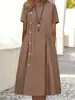 2025 Vestido Novo Europeu e Americano Estação Independente Aliexpress Casual Decoração de Botão Bolso Dobrado Vestido Midi
