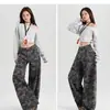 Jeans de Trabajo de Talla Grande Europeos y Americanos de Cintura Alta para Mujer Primavera y Verano 2025 Pierna Ancha Retro Camuflaje Caídos Versátiles Holgados