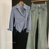 Diseño talla grande cintura irregular camisa a rayas ajustada para mujer 2024 nueva elegante con solapa manga larga