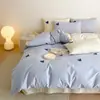 Juego de Cuatro Piezas de Algodón Bordado con Cabeza de Oso Coreano Funda de Edredón de Algodón Puro Sábanas Juego de Cama de Tres Piezas para Dormitorio de Estudiante