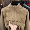 Suéter Masculino de Malha Grossa 2026 Outono/Inverno Gola Meia-Alta Zíper Tricô Quente Camisa Base Masculina