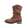 Botas de cowboy western estilo retrô para mulheres 2026, botas de cano médio com saltos grossos, botas empilhadas plissadas, botas curtas de camurça de cano médio