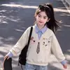 Conjunto de Jeans con Lazo, Sudadera con Capucha Falsa de Dos Piezas, Camisa Polo Minimalista de Dibujos Animados, Estilo Academia, Novedoso, para Niñas, Primavera y Otoño