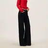 Jeans Flare Elegante de Cintura Alta para Mulheres, Cor Sólida Simples, Elástico, Slim Fit, Perna Larga, Calça Longa Preta Drapeada