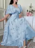 Vestido Longo Branco com Pequenas Flores Amarelas, Decote V, Manga Flare Dupla Camada, Cintura Marcada, Barra Ampla, Estilo Novo Europeu e Americano 2026, Vestido de Chiffon