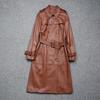 0203 Primavera y Otoño Nuevo Cuero Genuino Piel de Oveja Doble Botonadura Cinturón Solapa Manga Larga Casual Gabardina Larga Chaqueta de Cuero para Mujer