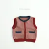 Algodón~No Pilling 26 Estilo Primavera y Otoño Chaleco de Punto Unisex con Bloques de Color Rayados Cuello Redondo Chaqueta Chaleco Infantil