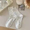 Calcetines a cuadros blancos y azules con lazo para mujer, primavera y otoño, cinco colores nuevos, calcetines de media pantorrilla, empalme dulce, calcetines holgados, calcetería Zhuji