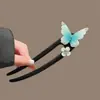 Simple Pasador Azul con Mariposa Estilo Chino en Forma de U, Fresco Pasador de Madera Floral Retro, Pasador para Accesorios de Hanfu y Falda Mamian