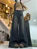 Jeans Americanos de Pierna Ancha Color Gris Cemento para Mujer Otoño e Invierno 2024 Forrados de Polar Sueltos de Cintura Alta Sueltos Adelgazantes talla extra Hasta el Suelo