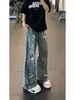 Jeans Estampados con Graffiti para Hombre Pierna Ancha Diseño Holgado Pantalones de Nicho Calle Alta Americana Hip-Hop Pantalones de Pierna Ancha