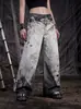 Pantalones casuales de pierna ancha unisex, estilo retro de verano 2026, con estampado de tinta degradado, doble cintura y pierna curva