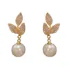 Pendientes Exquisitos de Moda Japoneses Coreanos con Forma de Hoja de Diamante Completo y Perla, Personalidad, Lujo Ligero, Versátiles, Sensación de Alta Gama, Pendientes Súper Brillantes Adelgazantes para Mujer