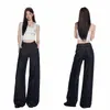 Nuevos jeans retro americanos de pierna ancha holgados con diseño de cintura trasera ajustable en color original para mujer