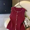 Chaleco de Punto sin Mangas con Cuentas Pesadas para Mujer, Nueva Moda de Verano, Corte Ajustado, Top Corto Versátil Chic