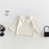 Conjunto de tres piezas para bebé niña Dianxi Otoño: Camiseta con cuello de loto, Chaleco de lunares, Leggings de color contrastante